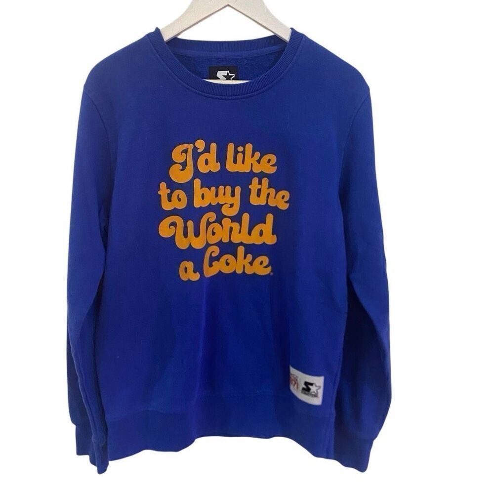Vintage I’d like to buy the world a coke starter sweat shirt medium blue gold